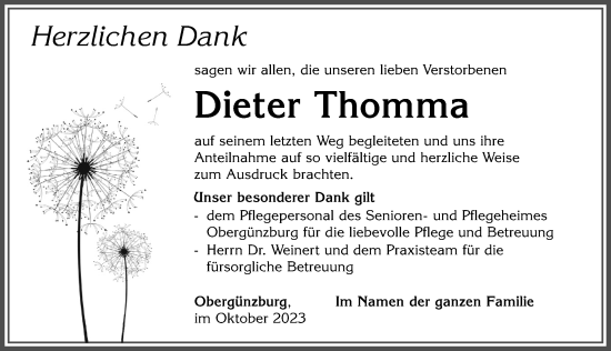 Traueranzeige von Dieter Thomma von Allgäuer Zeitung, Marktoberdorf