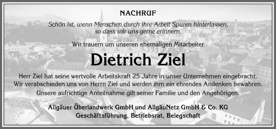Traueranzeige von Dietrich Ziel von Allgäuer Zeitung,Kempten