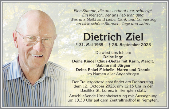 Traueranzeige von Dietrich Ziel von Allgäuer Zeitung,Kempten