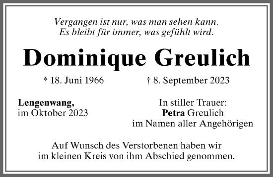 Traueranzeige von Dominique Greulich von Allgäuer Zeitung, Marktoberdorf
