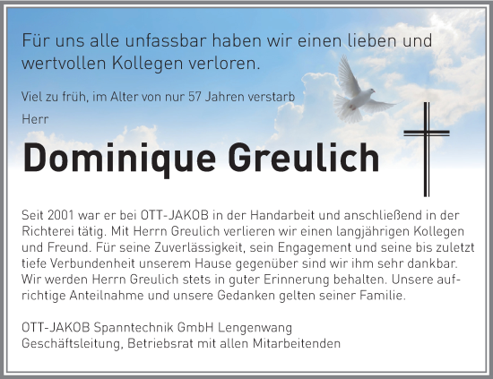 Traueranzeige von Dominique Greulich von Allgäuer Zeitung, Füssen