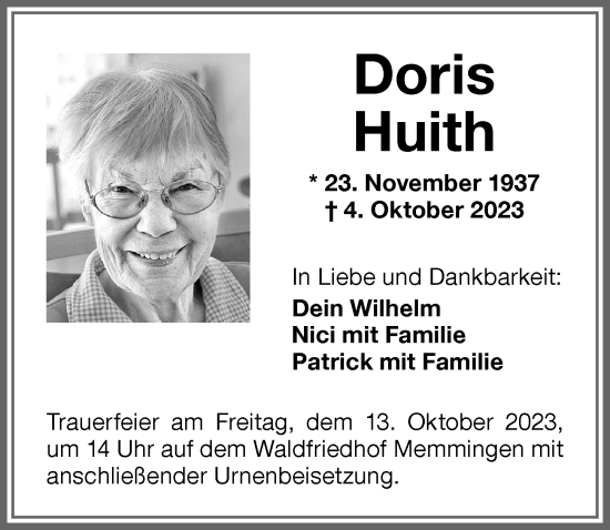 Traueranzeige von Doris Huith von Memminger Zeitung