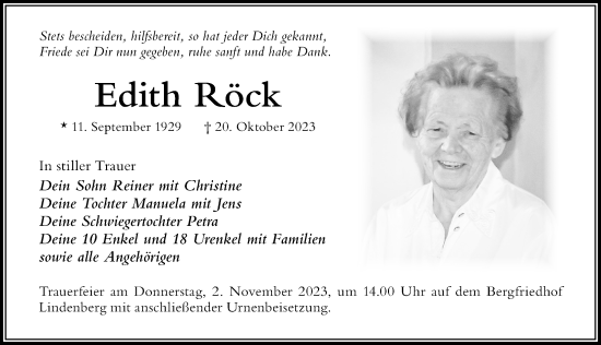 Traueranzeige von Edith Röck von Der Westallgäuer