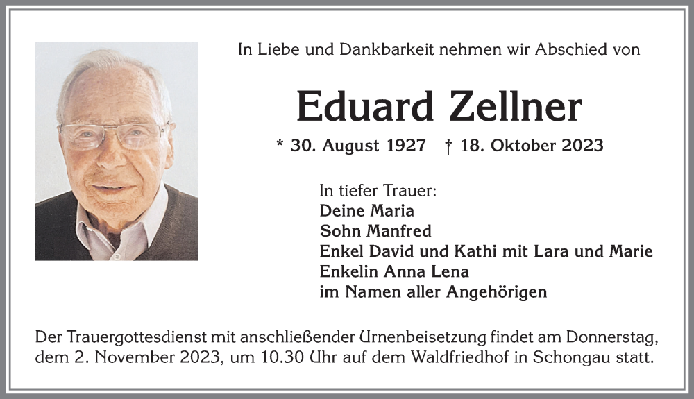  Traueranzeige für Eduard Zellner vom 31.10.2023 aus Allgäuer Zeitung, Marktoberdorf