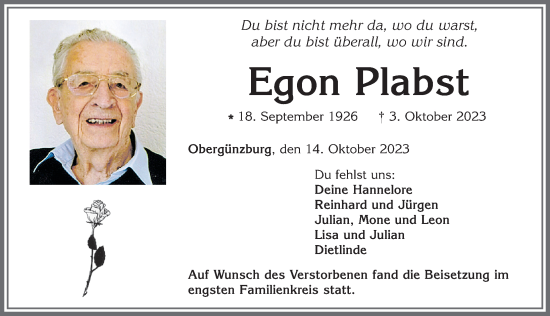 Traueranzeige von Egon Plabst von Allgäuer Zeitung, Marktoberdorf