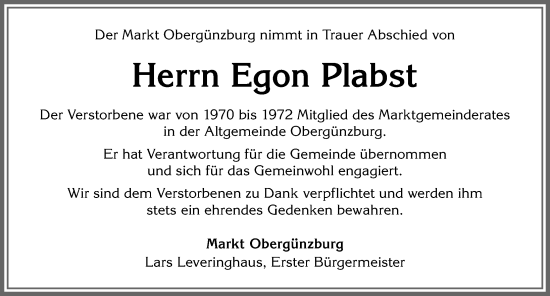 Traueranzeige von Egon Plabst von Allgäuer Zeitung, Marktoberdorf