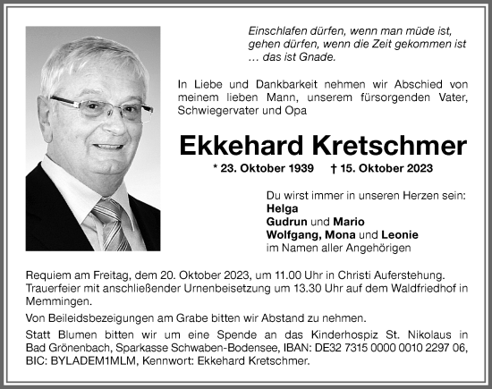 Traueranzeige von Ekkehard Kretschmer von Memminger Zeitung