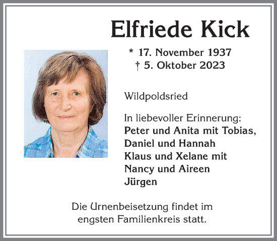 Traueranzeige von Elfriede Kick von Allgäuer Zeitung,Kempten