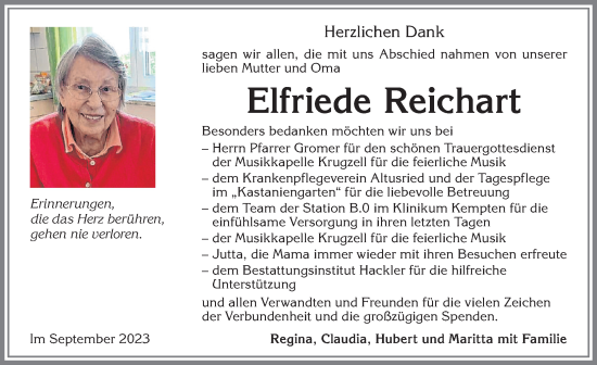 Traueranzeige von Elfriede Reichart von Allgäuer Zeitung,Kempten