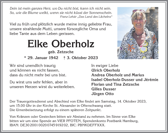 Traueranzeige von Elke Oberholz von Allgäuer Anzeigeblatt