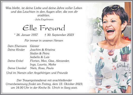 Traueranzeige von Elle Freund von Allgäuer Zeitung, Füssen