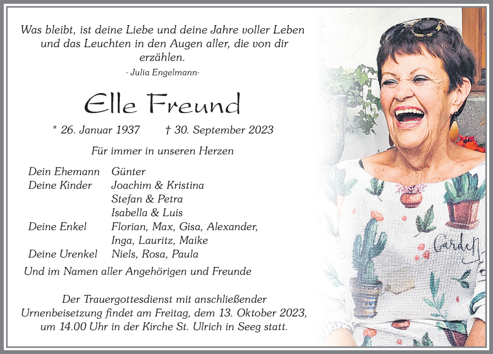  Traueranzeige für Elle Freund vom 09.10.2023 aus Allgäuer Zeitung, Füssen
