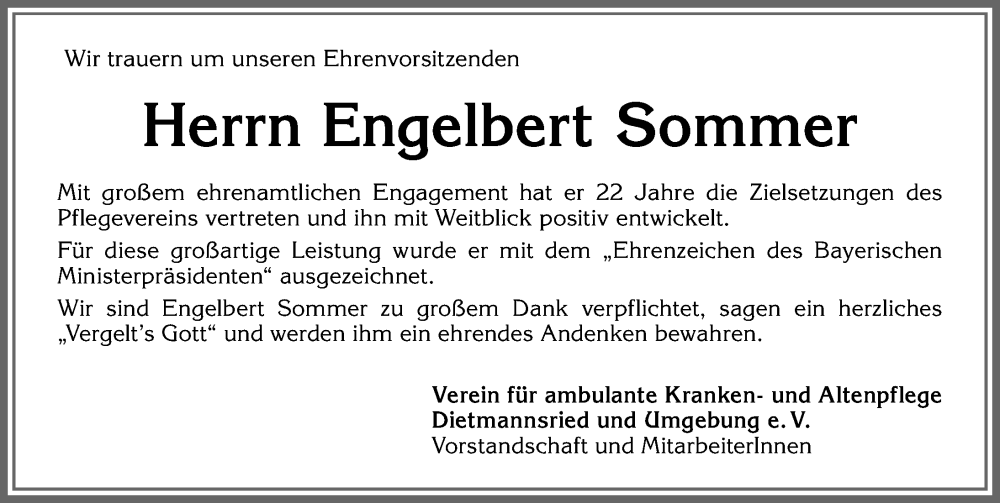  Traueranzeige für Engelbert Sommer vom 06.10.2023 aus Allgäuer Zeitung,Kempten