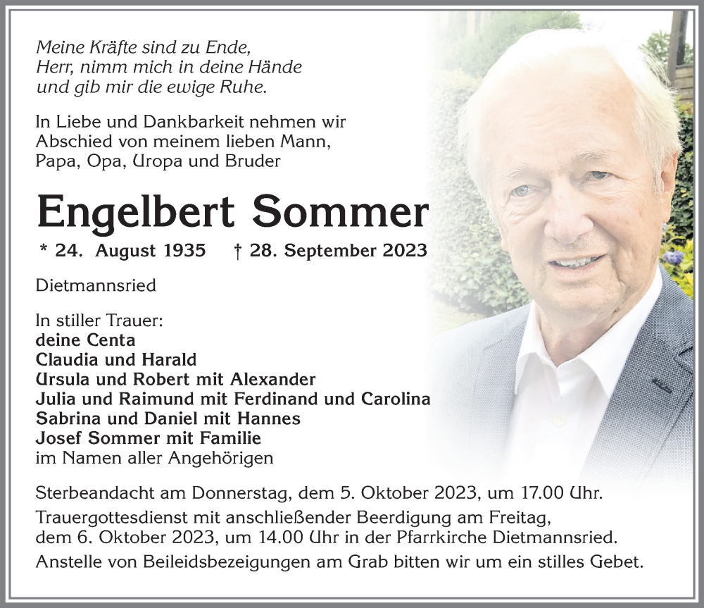  Traueranzeige für Engelbert Sommer vom 02.10.2023 aus Allgäuer Zeitung,Kempten