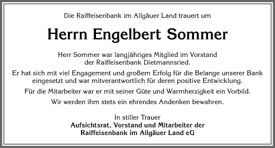 Traueranzeige von Engelbert Sommer von Allgäuer Zeitung,Kempten