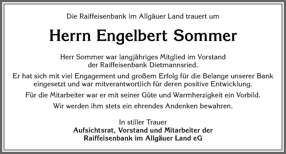  Traueranzeige für Engelbert Sommer vom 04.10.2023 aus Allgäuer Zeitung,Kempten