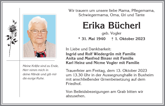 Traueranzeige von Erika Bücherl von Memminger Zeitung