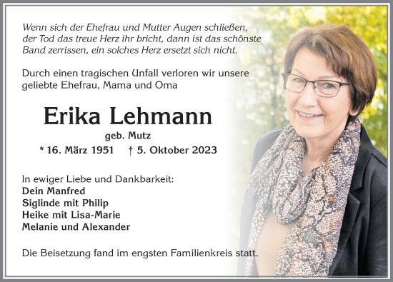 Traueranzeige von Erika Lehmann von Allgäuer Zeitung,Kempten