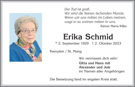 Traueranzeige von Erika Schmid von Allgäuer Zeitung,Kempten