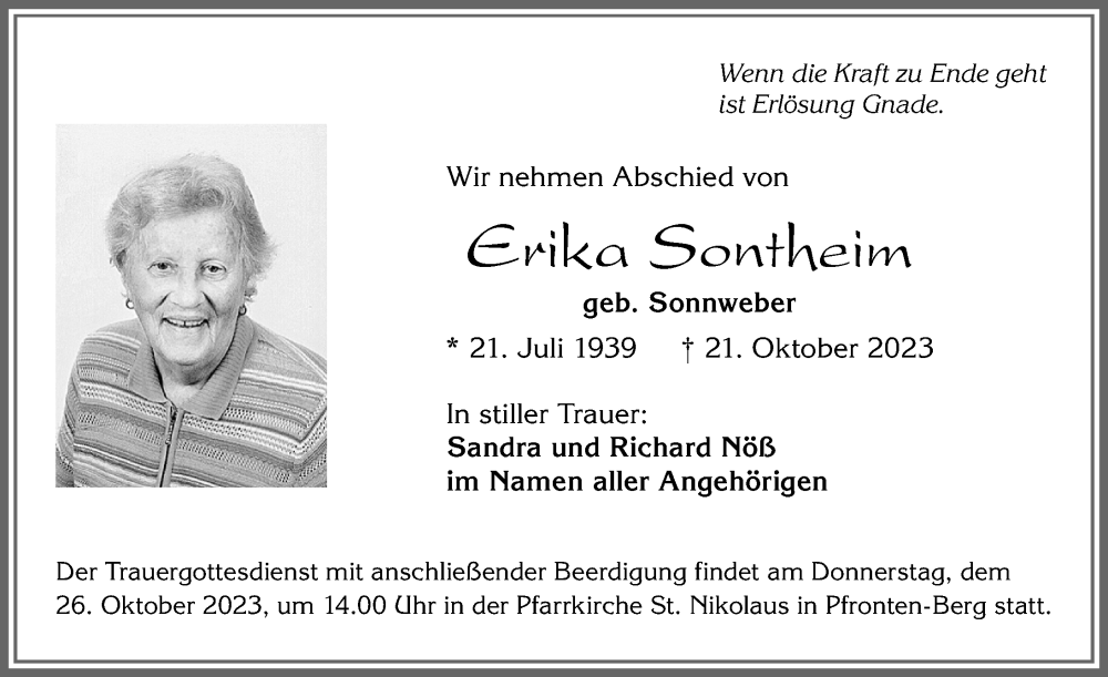  Traueranzeige für Erika Sontheim vom 24.10.2023 aus Allgäuer Zeitung, Füssen