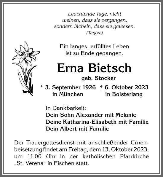 Traueranzeige von Erna Bietsch von Allgäuer Anzeigeblatt