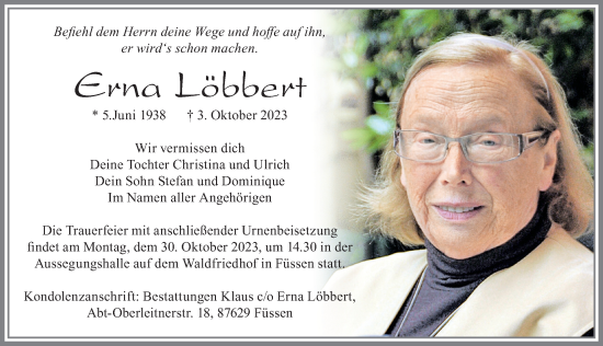 Traueranzeige von Erna Löbbert von Allgäuer Zeitung, Füssen