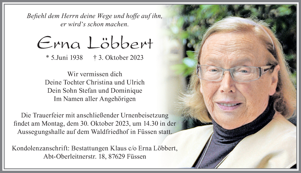  Traueranzeige für Erna Löbbert vom 23.10.2023 aus Allgäuer Zeitung, Füssen