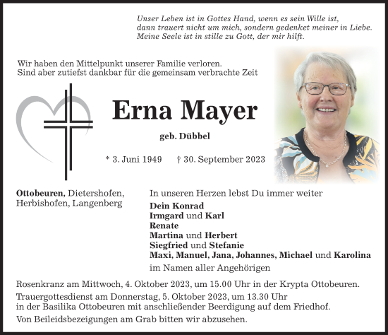 Traueranzeige von Erna Mayer von Memminger Zeitung
