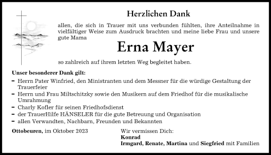 Traueranzeige von Erna Mayer von Memminger Zeitung