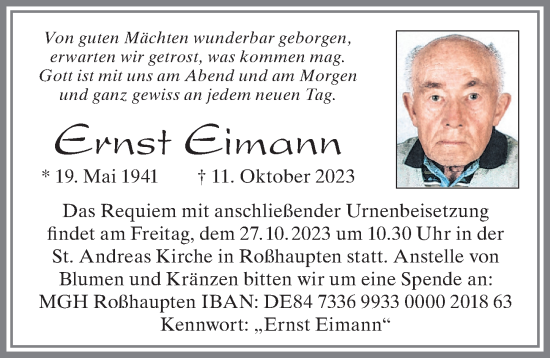 Traueranzeige von Ernst Eimann von Allgäuer Zeitung, Füssen
