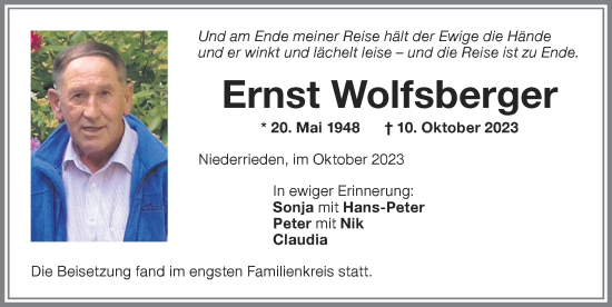 Traueranzeige von Ernst Wolfsberger von Memminger Zeitung