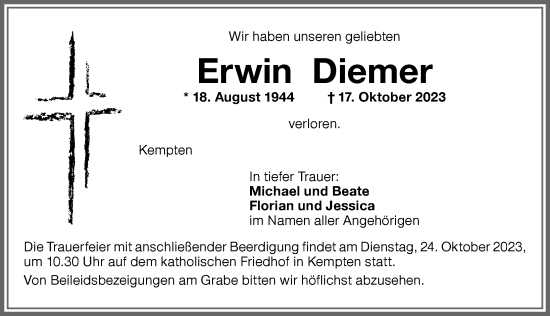 Traueranzeige von Erwin Diemer von Allgäuer Zeitung,Kempten