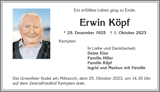 Traueranzeige von Erwin Köpf von Allgäuer Zeitung,Kempten