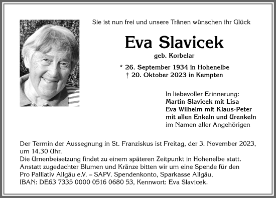 Traueranzeige von Eva Slavicek von Allgäuer Zeitung,Kempten