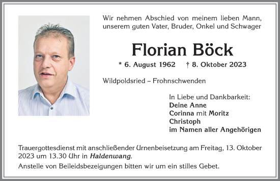 Traueranzeige von Florian Böck von Allgäuer Zeitung, Marktoberdorf