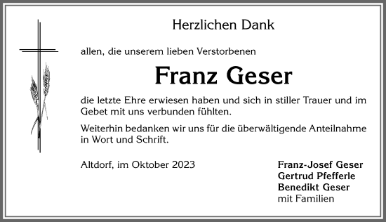 Traueranzeige von Franz Geser von Allgäuer Zeitung, Marktoberdorf