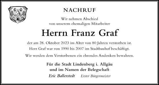 Traueranzeige von Franz Graf von Der Westallgäuer