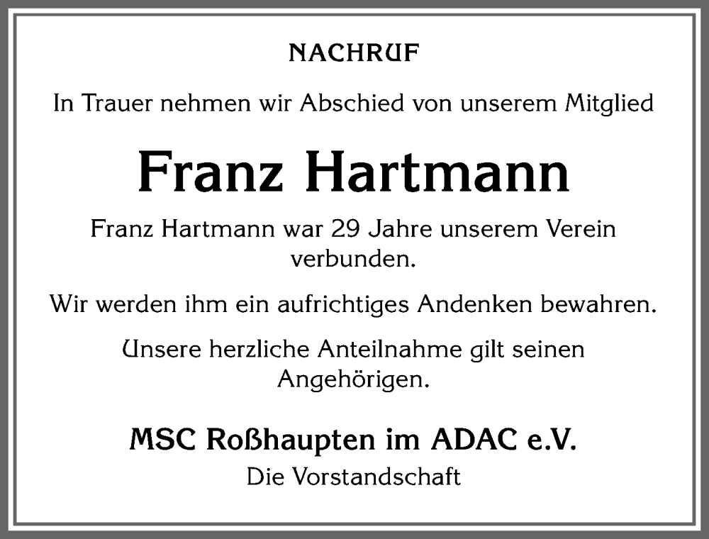  Traueranzeige für Franz Hartmann vom 10.10.2023 aus Allgäuer Zeitung, Füssen
