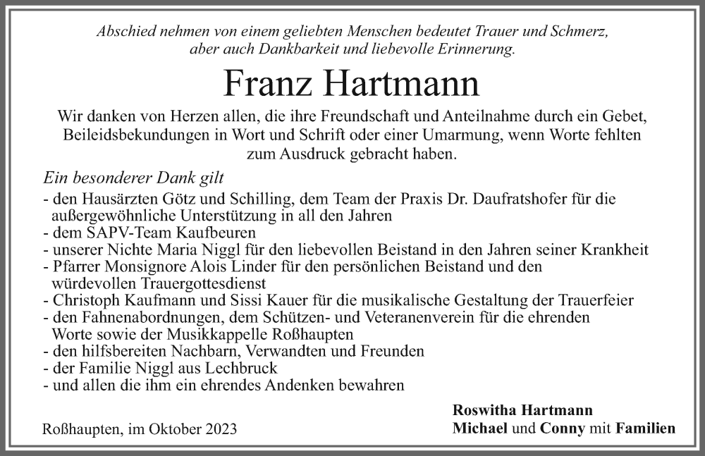  Traueranzeige für Franz Hartmann vom 21.10.2023 aus Allgäuer Zeitung, Füssen