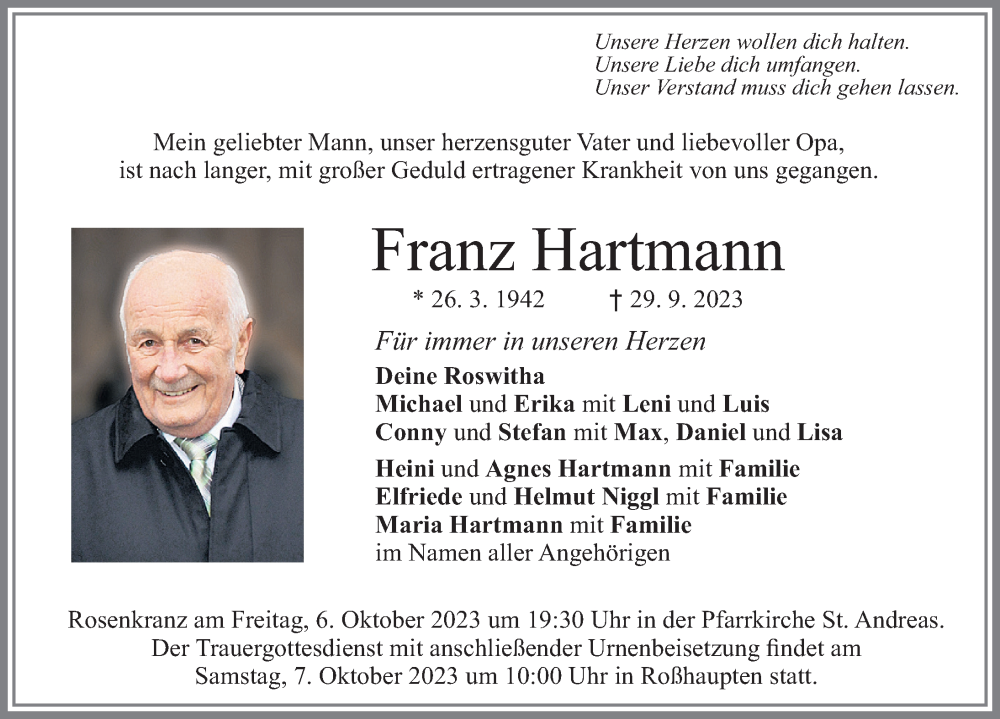  Traueranzeige für Franz Hartmann vom 04.10.2023 aus Allgäuer Zeitung, Füssen