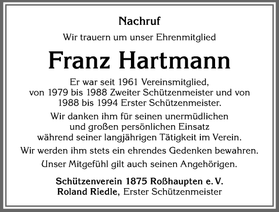 Traueranzeige von Franz Hartmann von Allgäuer Zeitung, Füssen