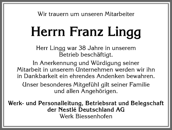 Traueranzeige von Franz Lingg von Allgäuer Zeitung, Marktoberdorf