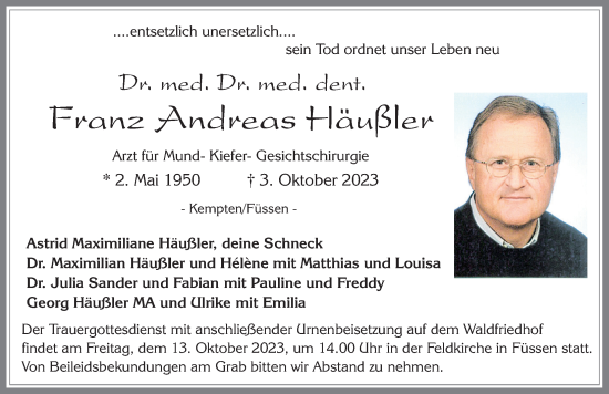 Traueranzeige von Franz Andreas Häußler von Allgäuer Zeitung,Kempten