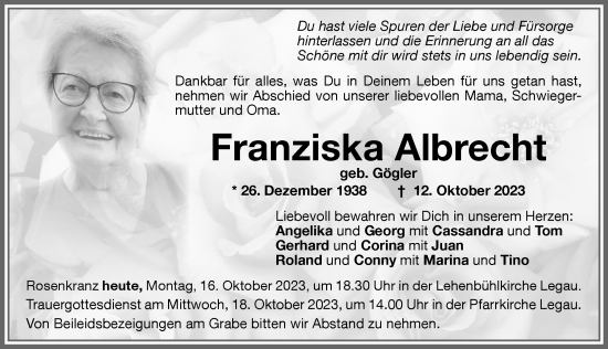 Traueranzeige von Franziska Albrecht von Memminger Zeitung