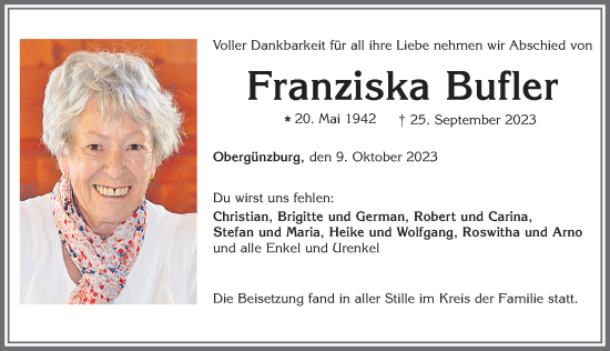 Traueranzeige von Franziska Bufler von Allgäuer Zeitung, Marktoberdorf