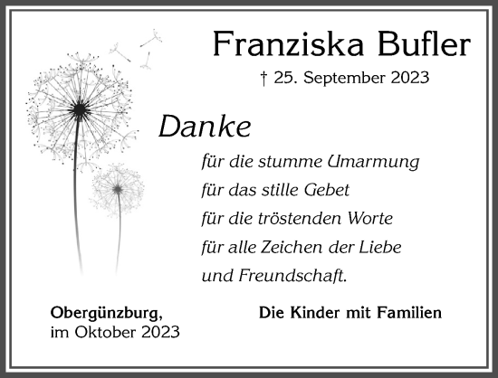 Traueranzeige von Franziska Bufler von Allgäuer Zeitung, Marktoberdorf