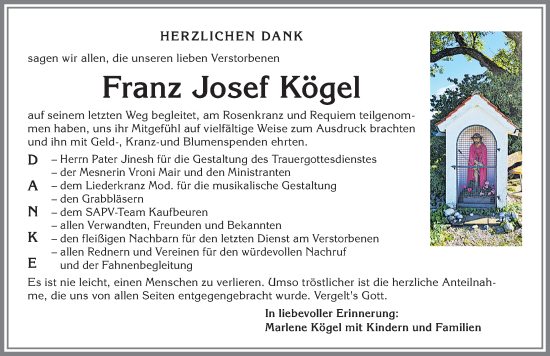 Traueranzeige von Franz Josef Kögel von Allgäuer Zeitung, Marktoberdorf