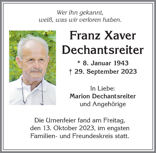 Traueranzeige von Franz Xaver Dechantsreiter von Allgäuer Zeitung,Kempten