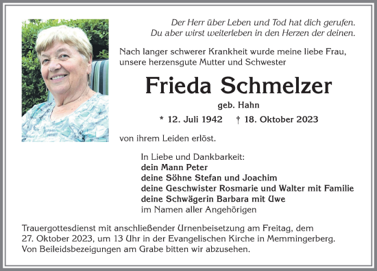 Traueranzeige von Frieda Schmelzer von Memminger Zeitung
