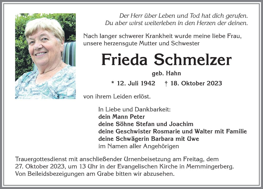  Traueranzeige für Frieda Schmelzer vom 25.10.2023 aus Memminger Zeitung